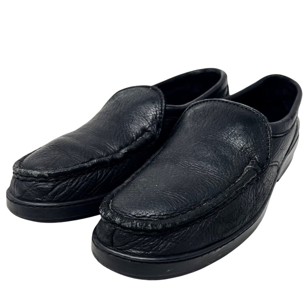 Minnetonka Mens Black Loafer Slip On Double Leather Shoes Size 8.5 - Broken In